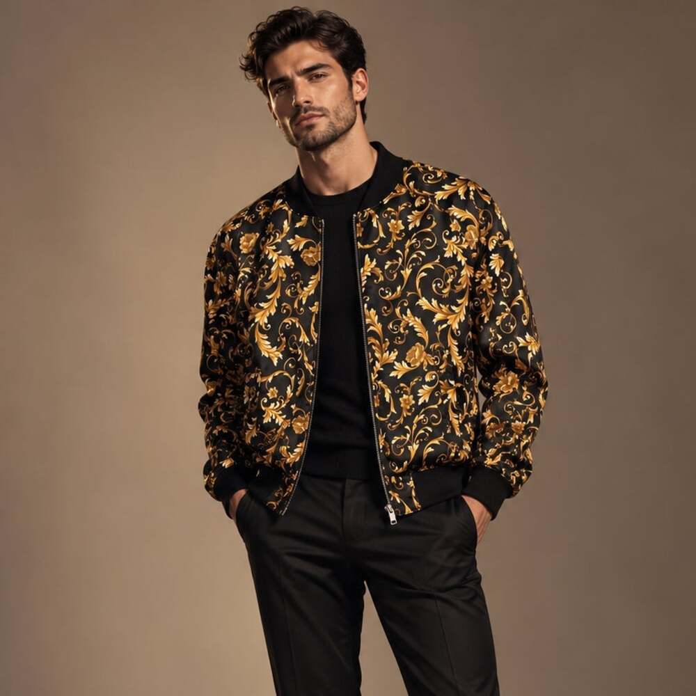 Versace for H&M Mens XL Gold Baroque REVERSIBLE Print Bomber Jacket Black